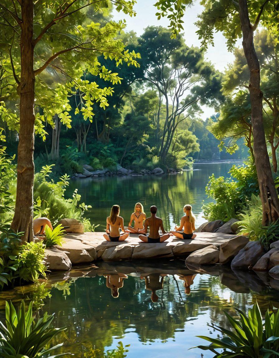 A serene outdoor scene depicting a nudist community in harmony with nature, surrounded by lush greenery and a calm lake reflecting the sunlight. Showcase individuals engaging in activities like yoga, meditation, and gardening, symbolizing wellness and financial freedom. Incorporate elements of vibrant life, such as fruit trees and sustainable living. The atmosphere should feel inviting and liberating. super-realistic. vibrant colors. nature-inspired.